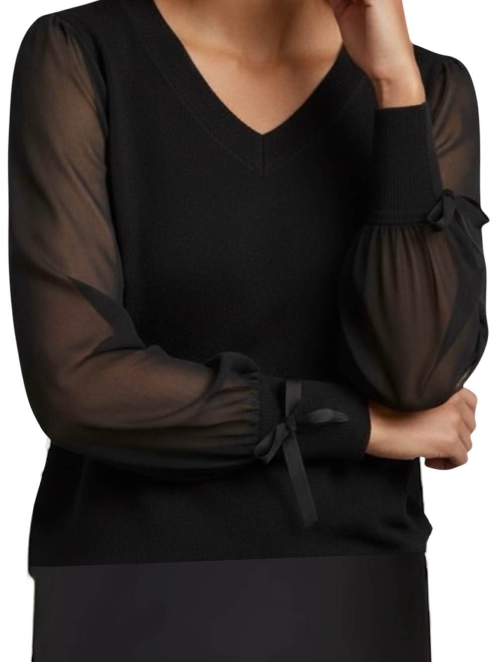 Black V-Neck Knit Lightweight Sweater Sheer Chiffon Sleeves Tie Cuffs Size Large